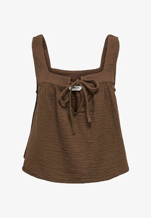 Bruine mouwloze top met textuur, brede bandjes en een strik aan de voorkant boven een kleine sleutelgatopening.