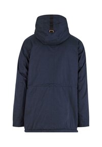 Navy blue jacket with a textured fabric, hood, and a vertical black strap at the back. Features elastic hem and seams.