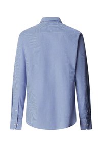 Plava i bijela košulja na dugih rukava s kockastim uzorkom, prikazana s leđa s manžetama na kopčanje i klasičnim ovratnikom.