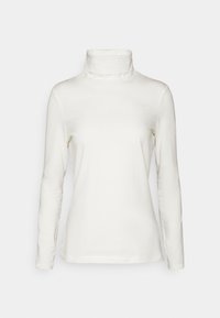 Weißes Langarm-Turtleneck-Oberteil aus glattem Stoff, mit hohem Kragen und figurbetonter Silhouette, ohne Muster oder Verzierungen.