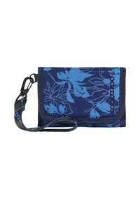 Blue fabric wallet with dark blue floral pattern, black wrist strap, and black loop clip attached on a white background.
