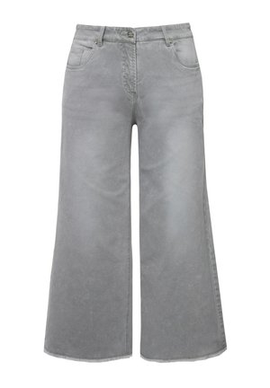Pantalons en denim gris à jambe large avec une texture douce, dotés d'une taille haute, de poches avant et d'une fermeture à bouton.