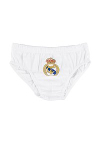 Boxer bianchi con una vita elastica che presenta il logo del club calcistico Real Madrid centrato sul davanti.