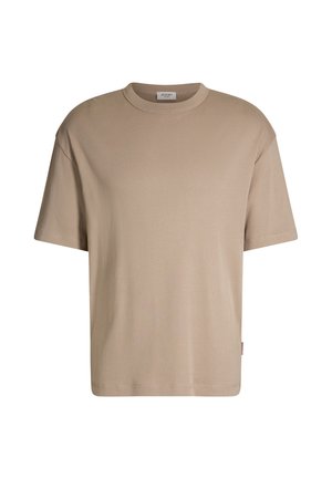 Beige Baumwoll-T-Shirt, Rundhalsausschnitt, kurze Ärmel, lockere Passform, glatte Textur, keine Muster, mit kleinem Logotag an der Seite.