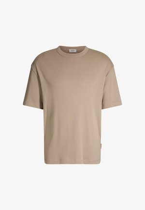 Beige Baumwoll-T-Shirt, Rundhalsausschnitt, kurze Ärmel, lockere Passform, glatte Textur, keine Muster, mit kleinem Logotag an der Seite.