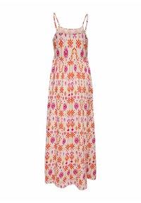 Maxikleid aus leichtem Stoff, mit einem blumigen und geometrischen Muster in Pink und Orange auf einem cremefarbenen Hintergrund, mit dünnen verstellbaren Trägern.