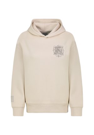Beige Hoodie mit einer Fronttasche, verstellbare Kapuze, gerippte Bündchen und Saum. Auf der Brust befindet sich ein grafischer Text: "Glückliche Mädchen sind die Schönsten."
