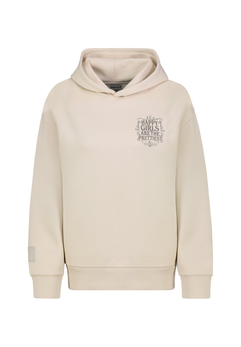 Beige hoodie met een voorzak, een verstelbare capuchon, ribgebreide manchetten en onderrand. Bevat een grafische tekst op de borst: "Gelukkige meisjes zijn de mooiste."