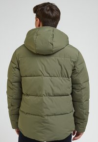 Puchowa kurtka w oliwkowym koloru, z kapturem, poziomymi przeszyciami i gładkim, izolowanym wykończeniem. Widok z tyłu pokazuje luźny krój i bezszwowy design.