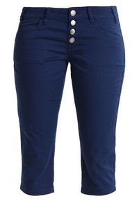 Marinblå, capribyxor i bomullsblandat tyg med fem-knappars framknäppning, framfickor och en åtsittande midja.