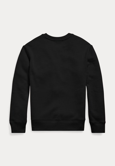 Bluză neagră cu mâneci lungi și guler rotund, cu manșete și tiv cu nervuri, prezentată din spate pe un fundal alb simplu.