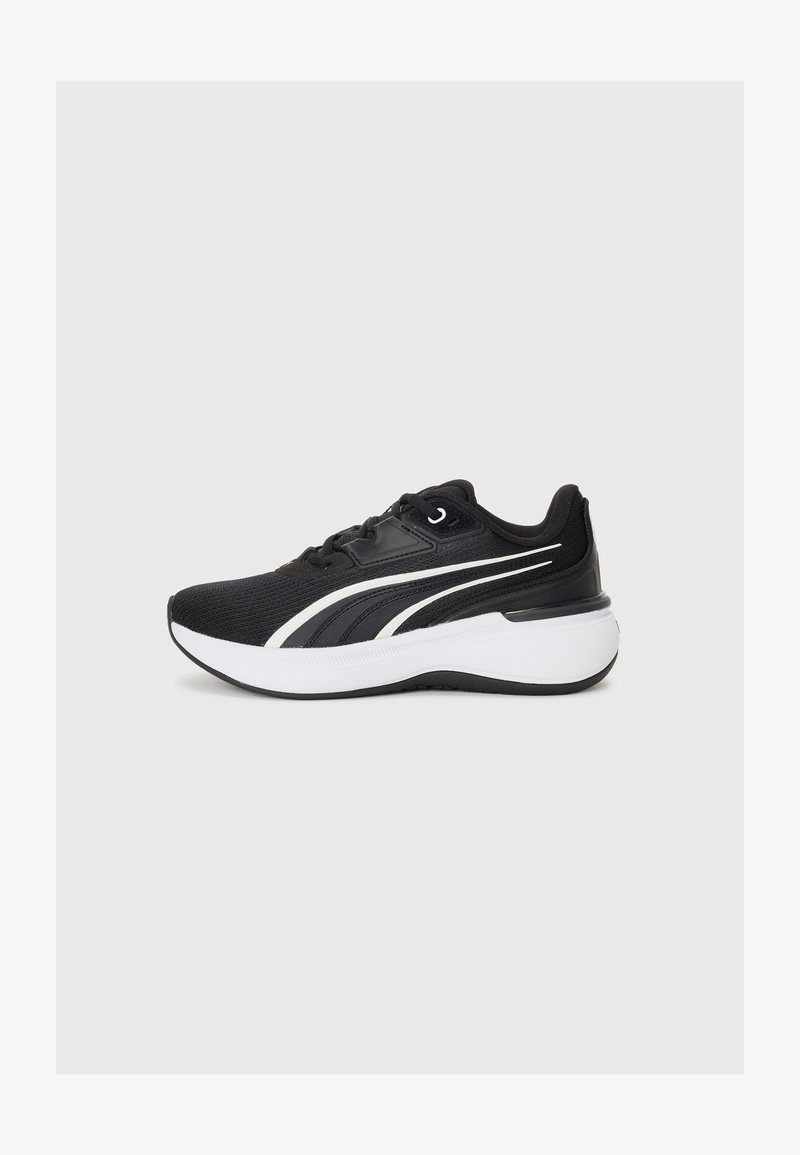 Black athletic shoe with a mesh upper, white accents, and cushioned sole. Features a rounded toe and a textured tread for grip.