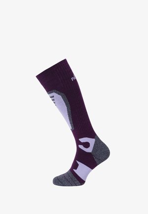 Kniesokken in paars en grijs, met een geometrisch ontwerp en ribbelstructuur, aangevuld met accentkleuren in lichtere tinten.