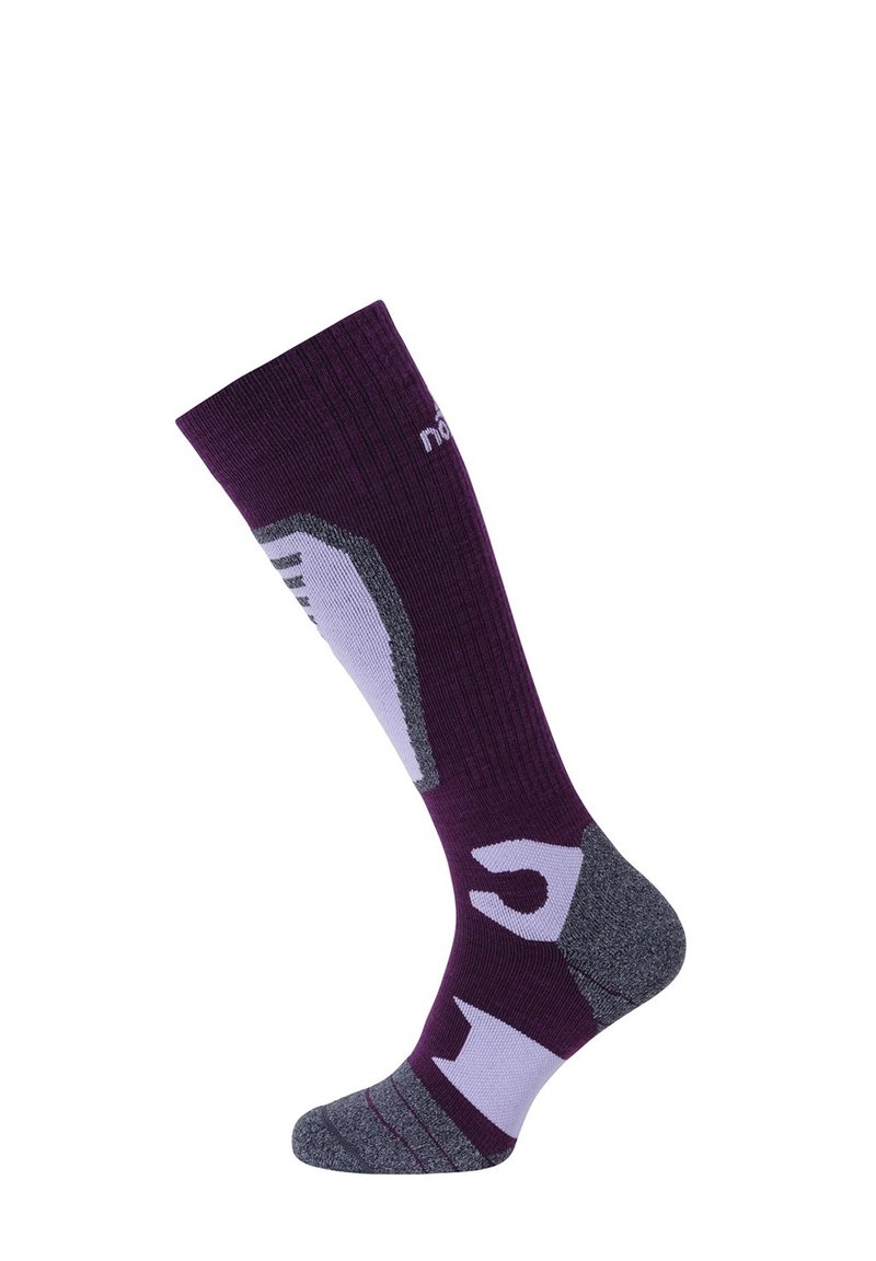 Kniesokken in paars en grijs, met een geometrisch ontwerp en ribbelstructuur, aangevuld met accentkleuren in lichtere tinten.