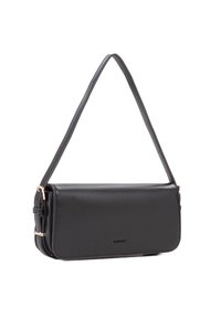 Borsa a tracolla in pelle nera con una forma rettangolare elegante, cuciture dettagliate e una lunga tracolla regolabile. Presenta un gancio in tono oro.