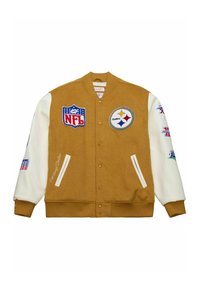 Braune und cremefarbene College-Jacke mit NFL- und Steelers-Emblemen, gerippten Bündchen und Saum, Druckknopfverschluss, zwei Seitentaschen und bestickten Details.