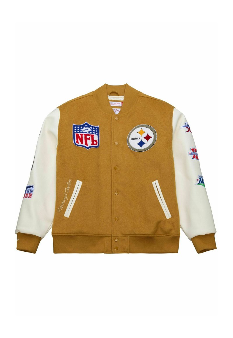 Braune und cremefarbene College-Jacke mit NFL- und Steelers-Emblemen, gerippten Bündchen und Saum, Druckknopfverschluss, zwei Seitentaschen und bestickten Details.