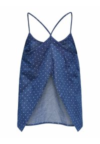 Denim tanktop met verstelbare spaghettibandjes, met een donkerblauw lichaam met lichtblauwe diamantenpatronen en een open rugontwerp.