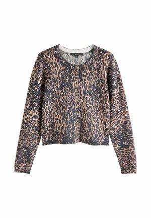 Cardigan con stampa leopardata, colletto rotondo, maniche lunghe e chiusura a bottoni. Realizzato in morbido tessuto a maglia nelle tonalità di marrone e nero.