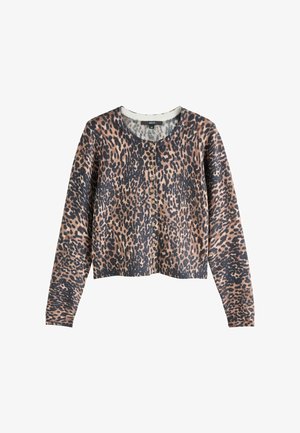 Leopard print cardigan with a round neckline, long sleeves, and button closure. Made from soft, knit fabric in shades of brown and black.