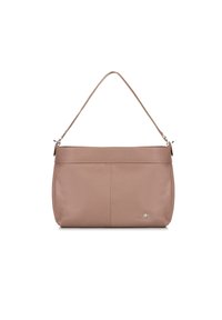 Sac à épaule en cuir, couleur rose doux, texture lisse, forme rectangulaire, avec une seule sangle, logo subtil sur le devant.