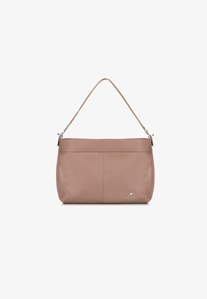 Leather shoulder bag, soft pink color, smooth texture, rectangular shape, single strap, subtle logo detail on the front.