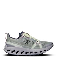 Light grey athletic shoe with a breathable mesh upper, contrasting purple accents, thick cushioning sole, and black cutouts for traction.