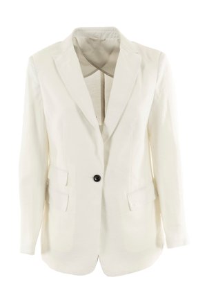 Blazer blanco hecho de tejido texturizado, con solapa de pico, un solo botón negro y dos bolsillos delanteros. Diseño simple y ajustado.