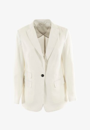 Blazer blanco hecho de tejido texturizado, con solapa de pico, un solo botón negro y dos bolsillos delanteros. Diseño simple y ajustado.