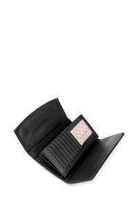 Black leather wallet with a smooth texture, multiple card slots, and a clear ID section featuring a pink background with polka dots.