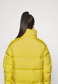 Keltainen toppatakki korkealla kauluksella ja vaakasuorilla saumoilla. Sivutasku, jossa läppä. Sileä pinta ja jämäkkä siluetti.