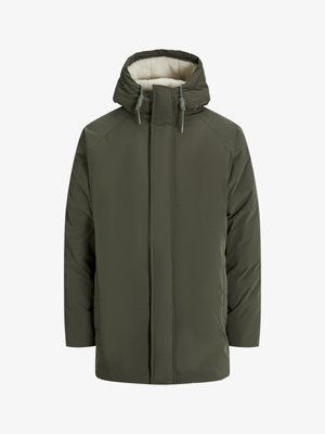 Giacca imbottita verde oliva con cappuccio, dotata di foderatura in finta pelliccia, zip frontale e dettagli con cordoncino. Design semplice e rettangolare.