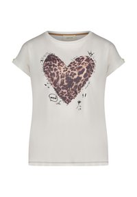 Witte korte mouwen t-shirt met een luipaardprint hartgrafiek in het midden, omringd door zwarte doodles en accenten. Zachte stof.