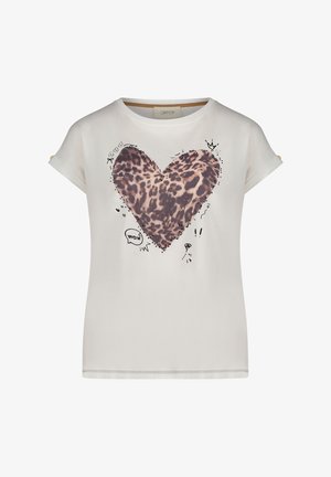 Witte korte mouwen t-shirt met een luipaardprint hartgrafiek in het midden, omringd door zwarte doodles en accenten. Zachte stof.