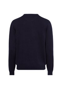 Marineblauer Pullover mit Rundhalsausschnitt, langen Ärmeln sowie Rippbündchen und -saum. Der Stoff wirkt glatt, ohne sichtbare Muster oder Texturen.