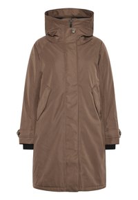 Manteau d'hiver long brun avec capuche, fermeture éclair avant et boutons, poches latérales et poignets réglables.