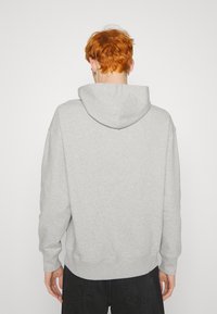 Hoodie gris avec une capuche à cordon, des poignets côtelés et un ourlet. Présente une texture douce et une coupe décontractée. Pas de logos ou motifs visibles.