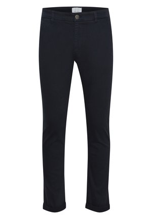 Pantaloni neri slim-fit realizzati in tessuto di cotone elasticizzato, con zip frontale, chiusura con bottone e orlo arrotolato.