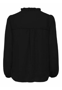 Blusa nera a maniche lunghe con scollo arricciato, tessuto liscio e vestibilità ampia con cucitura dritta sul retro. Nessun motivo o accessorio visibile.