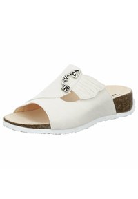 White slide sandal with a wide upper, open toe, textured panel, and decorative silver hardware. Light cork footbed with white sole.
