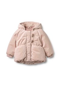 Różowa kurtka z sztruksu z kapturem, posiadająca dwa zapięcia na troczki, elastyczne mankiety, kieszenie z przodu oraz miękką, futrzaną podszewkę.