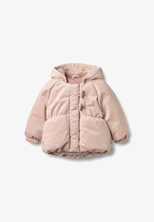 Jachetă din velur raiat roz cu glugă, dotată cu două închideri cu toggle, manșete elastice, buzunare frontale și o căptușeală moale, pufoasă.