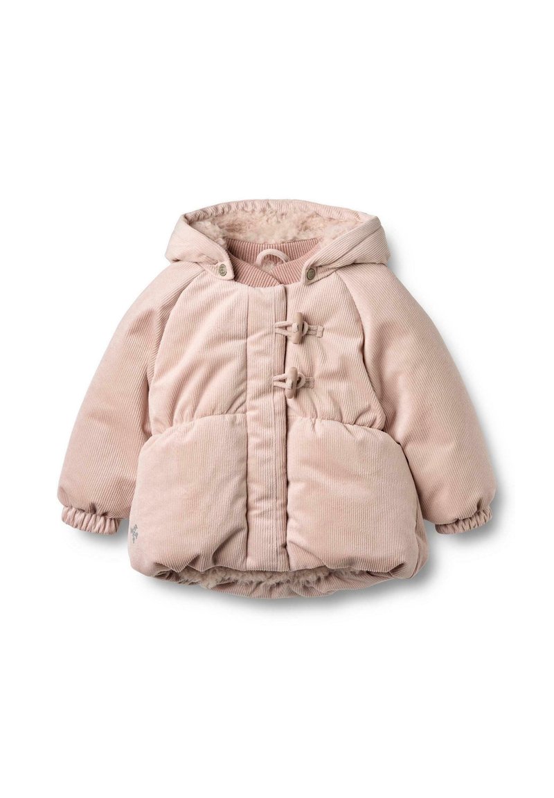 Różowa kurtka z sztruksu z kapturem, posiadająca dwa zapięcia na troczki, elastyczne mankiety, kieszenie z przodu oraz miękką, futrzaną podszewkę.