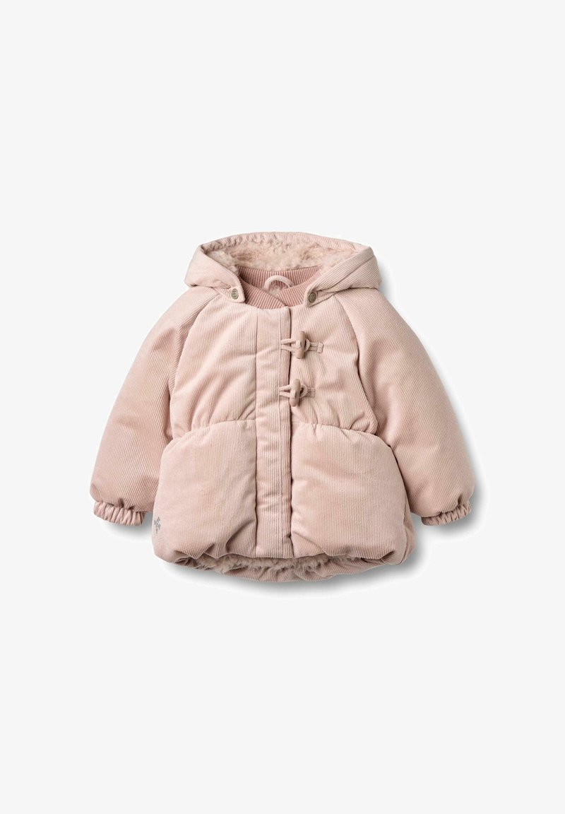 Różowa kurtka z sztruksu z kapturem, posiadająca dwa zapięcia na troczki, elastyczne mankiety, kieszenie z przodu oraz miękką, futrzaną podszewkę.