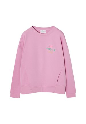Sweatshirt rose avec épaules tombantes, col large et texte brodé "MON RENDEZ-VOUS ÉTERNEL" en lettres multicolores. Tissu doux, design décontracté.