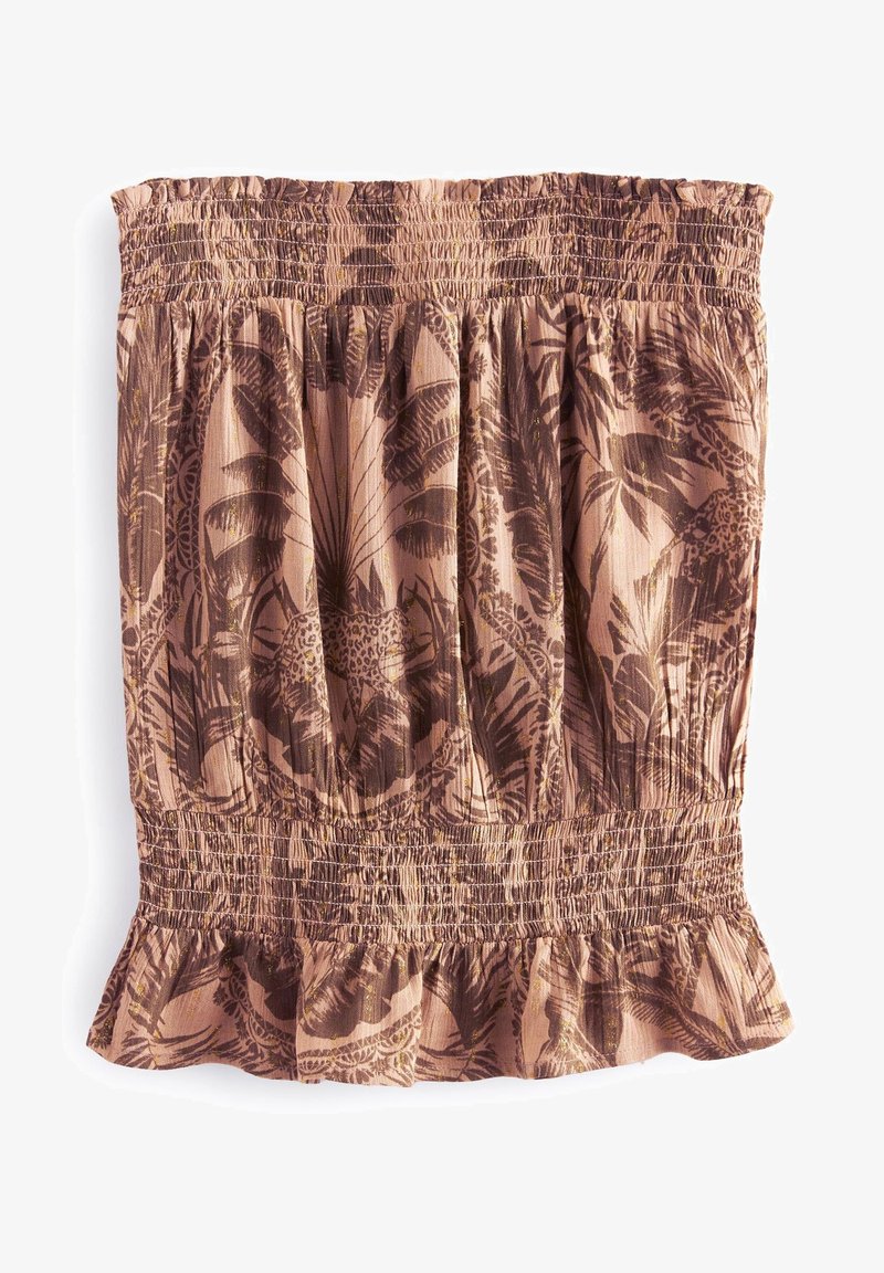Beżowa spódnica bez ramiączek z elastycznym, marszczonym paskiem w talii oraz u dołu, z nadrukiem ciemnych liści i lamparta, z delikatnymi złotymi akcentami.