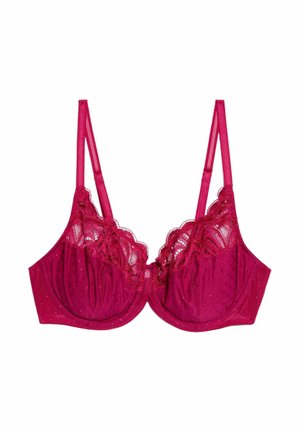 Fuchsia kanten beha met stippenmesh, geschulpte randen en verstelbare schouderbandjes. Bevat ondersteuning met beugels en decoratieve accenten.