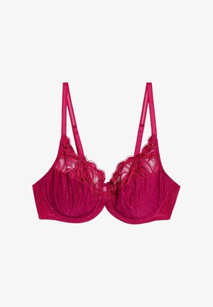 Fuchsia Spitze-BH aus gepunktetem Mesh, mit gewellten Kanten und verstellbaren Trägern. Mit Unterstützung durch Bügel und dekorativen Akzenten.