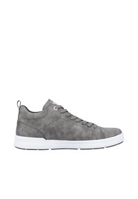Grauer High-Top-Sneaker aus strukturiertem Synthetikmaterial, grauen Schnürsenkeln und einer weißen Gummisohle, mit einem Zugschlaufe an der Ferse.