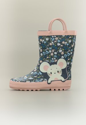 Bottes de pluie pour enfants avec motif floral bleu marine, semelle et bordure rose clair, et un dessin de souris en dessin animé sur le côté avec des poignées sur le dessus.